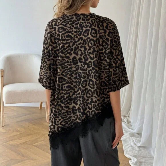 Multicolor Casual Women's Leopard Print Lace Patchwork Short Sleeve T-Shirt - Picture 3 of 9